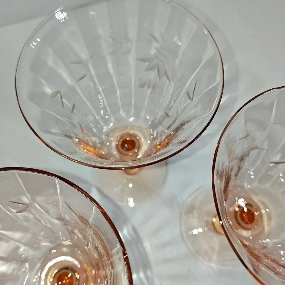 Vintage Pink Depression Glass Water Goblets Set of 4 Etched Floral Optic Panel
